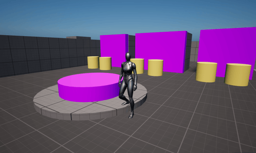 Unreal Engine 5 Quinn mannequin standing in front of the C++ interface demo playground