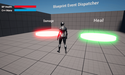 Unreal Engine 5 Blueprint event dispatcher playground level with damage and healer platforms