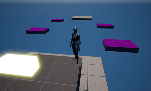 Unreal Engine 5 Quinn mannequin standing at the end of the timeline moving platforms demo