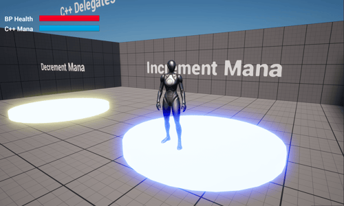 Unreal Engine 5 Quinn mannequin standing on the increment mana platform inside the delegate playground