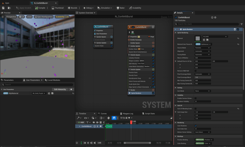 Unreal Engine 5 Niagara editor basic confetti burst template with MyMaterial user param