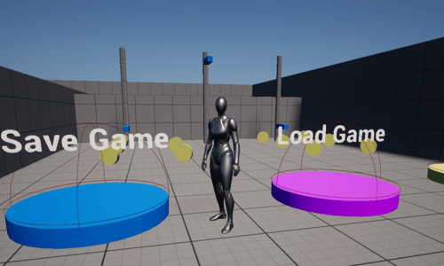 Unreal Engine 5 Quinn standing next to save and load platforms with coins and test flag poles behind her