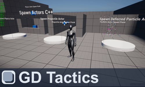 YouTube Thumbnail Unreal Engine 5 Quinn standing in front of the GD Tactics Gym Spawn Actors section