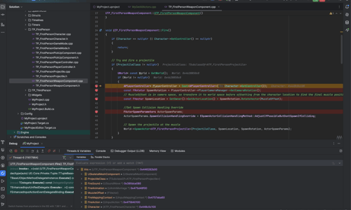 Rider IDE Unreal C++ code running in debug mode with multiple breakpoints highlighted