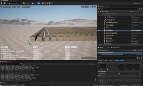 Unreal Engine 5 20000 cubes in the open world template level testing get all actor functions