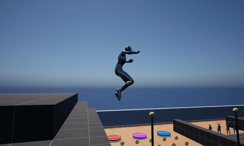 Unreal Engine 5 Quinn jumping off a ledge in the gym showcasing coyote time