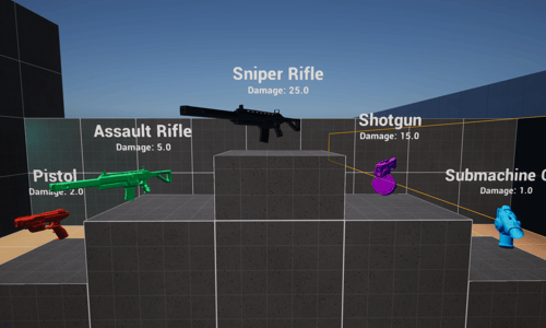 Unreal Engine 5 weapons pedestal showcasing the data table example
